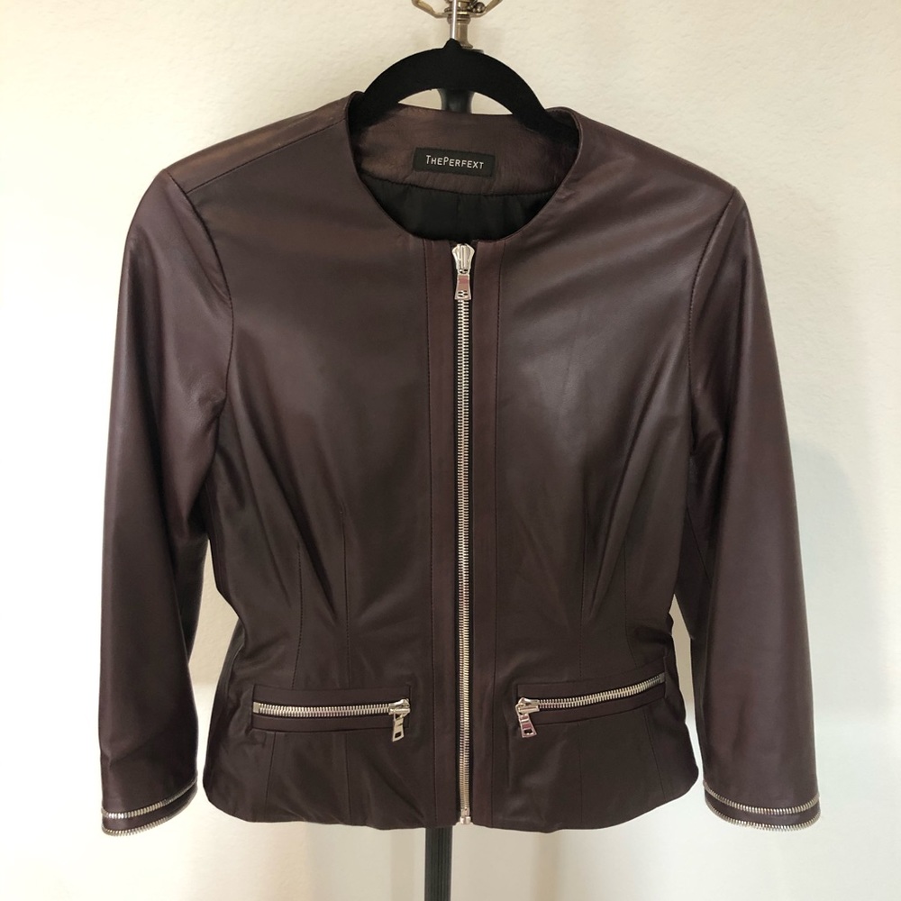 PERFEXT Burgundy Leather Jacket w Nickel Hardware